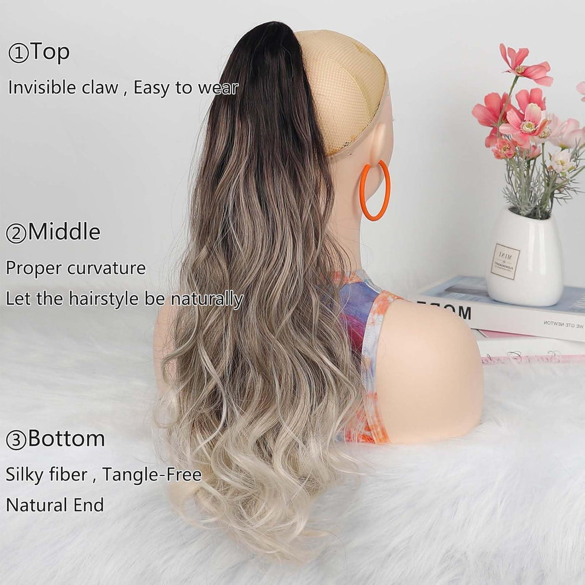 Gewellter Pferdeschwanz Clip-In Extension, braun Ombre