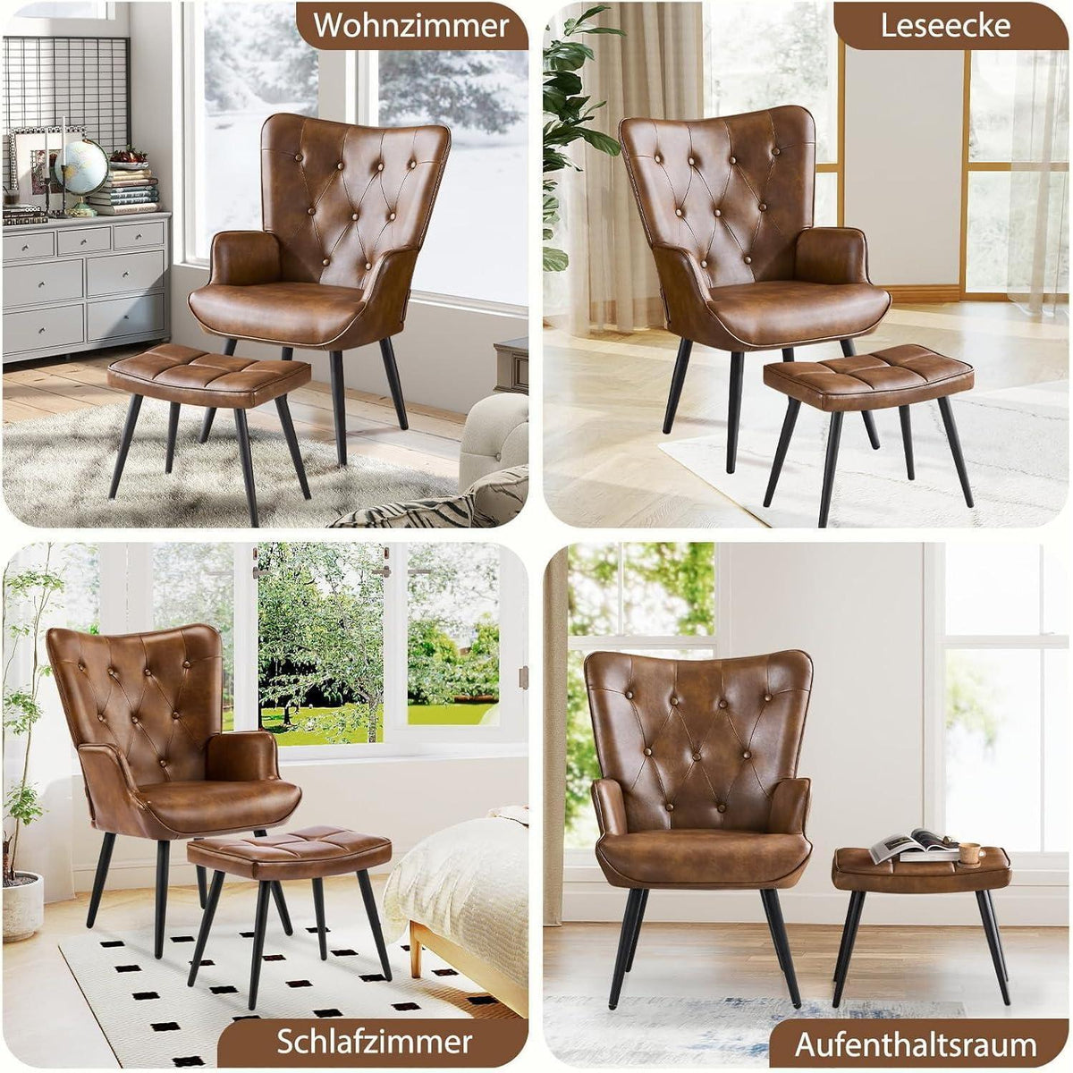 Ohrensessel mit Hocker, Braun – Bequemer Relaxsessel für Wohnzimmer