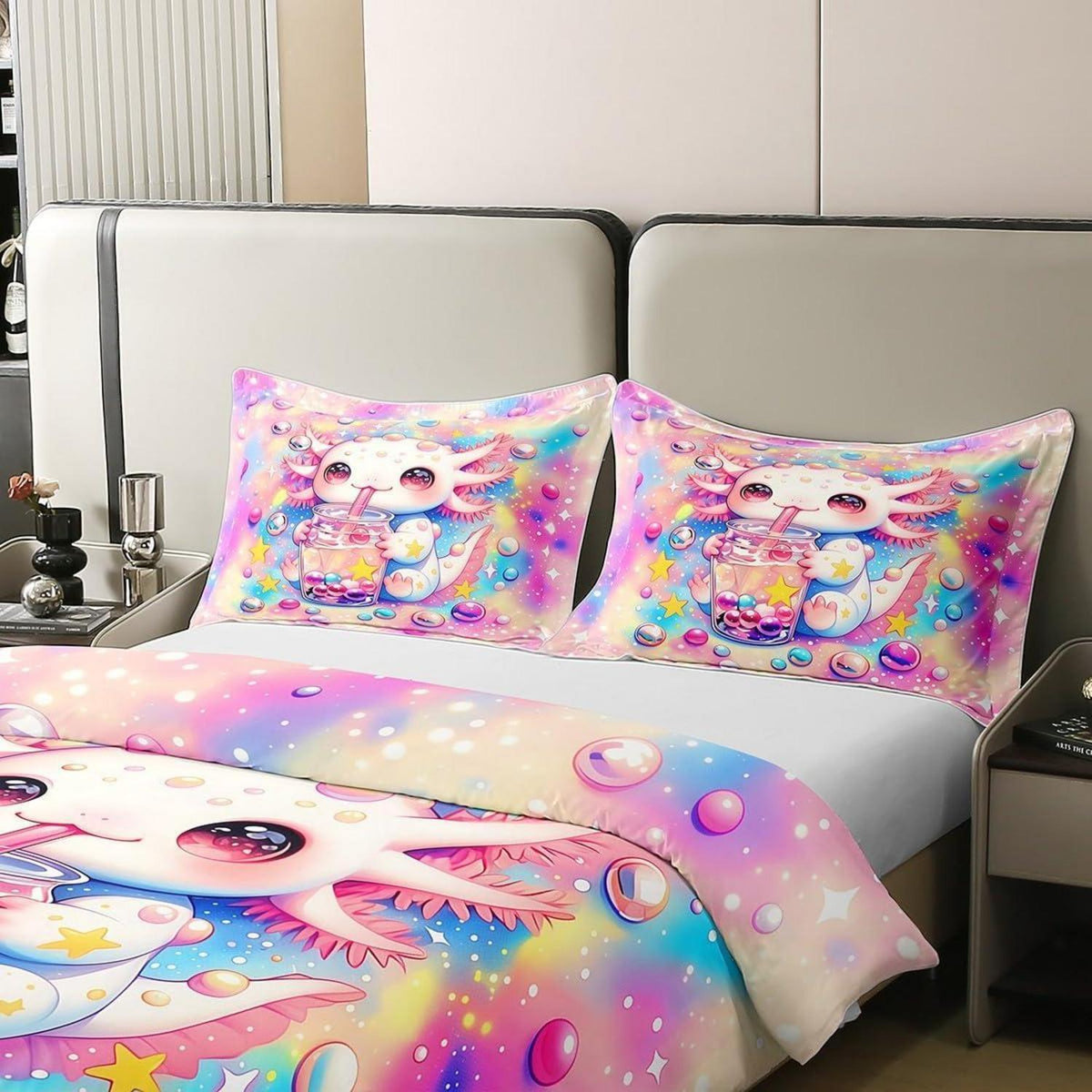 Axolotl Bettwäsche Baumwolle 155x220 Regenbogen Kawaii Bettbezug