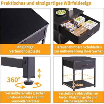 Verstellbarer Beistelltisch mit Schublade & Ablage – 50cm Schwarz