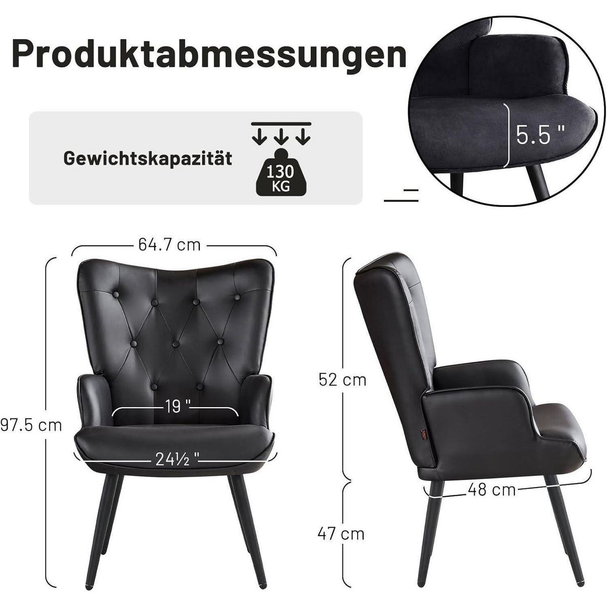 Ohrensessel 2er Set Schwarz – Skandinavischer Wohnzimmer Sessel