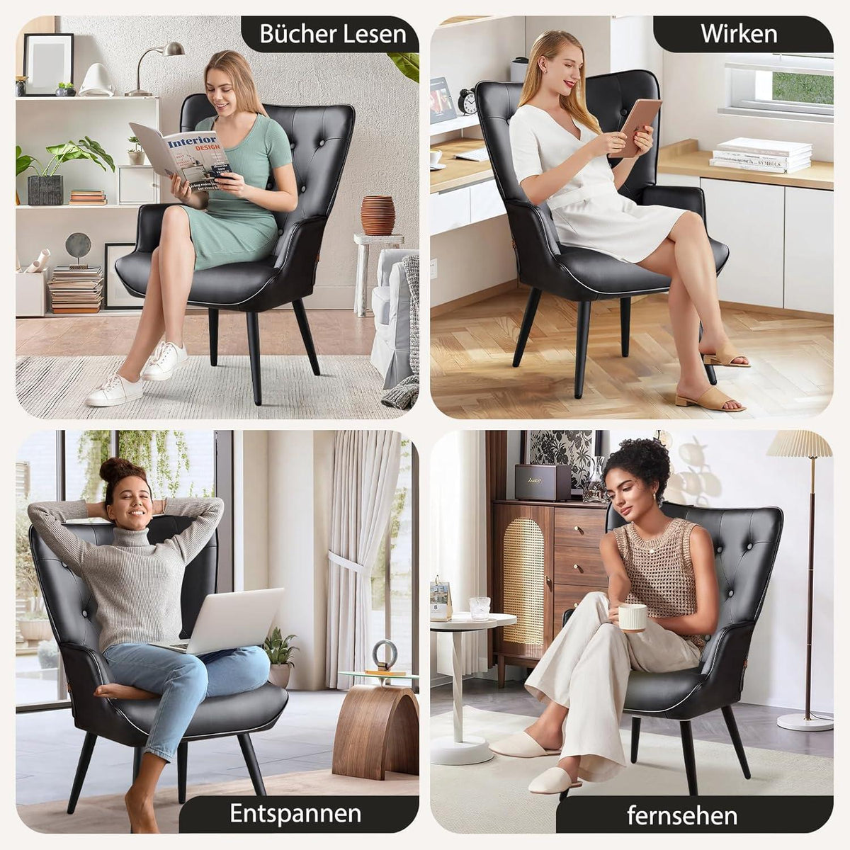 Ohrensessel 2er Set Schwarz – Skandinavischer Wohnzimmer Sessel