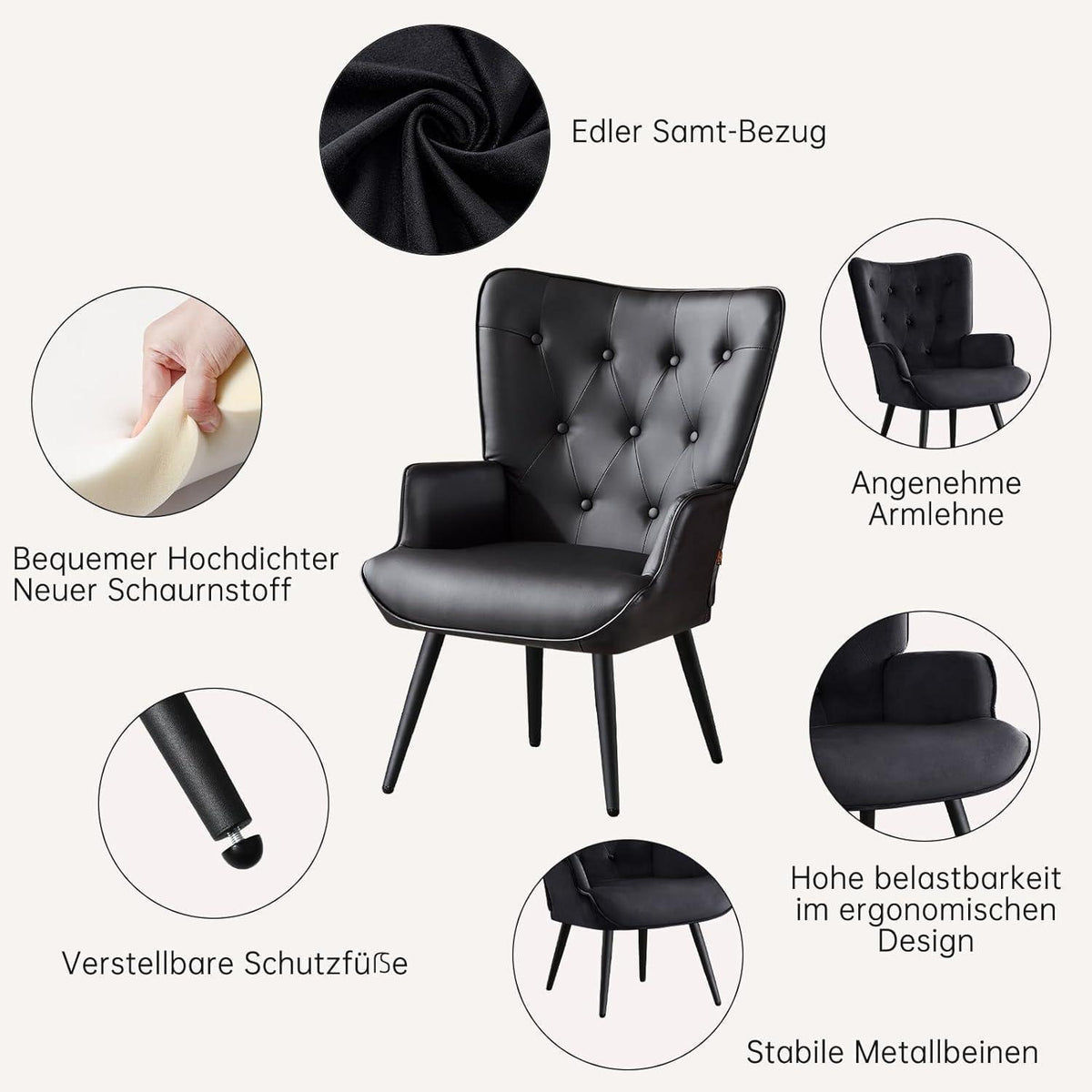 Ohrensessel 2er Set Schwarz – Skandinavischer Wohnzimmer Sessel
