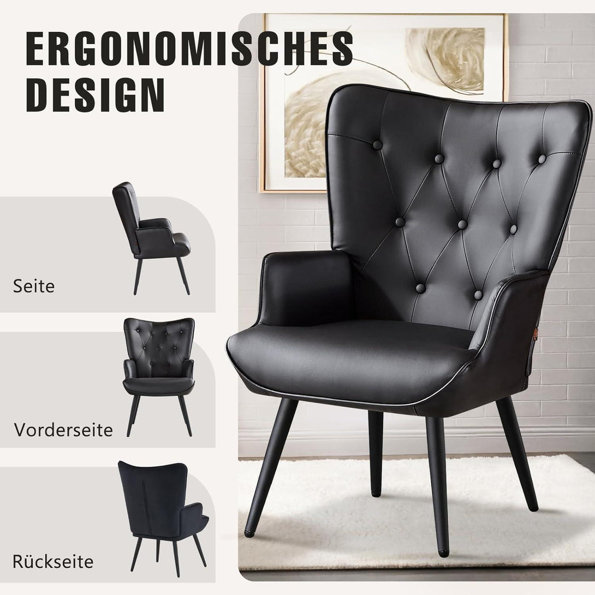 Ohrensessel 2er Set Schwarz – Skandinavischer Wohnzimmer Sessel