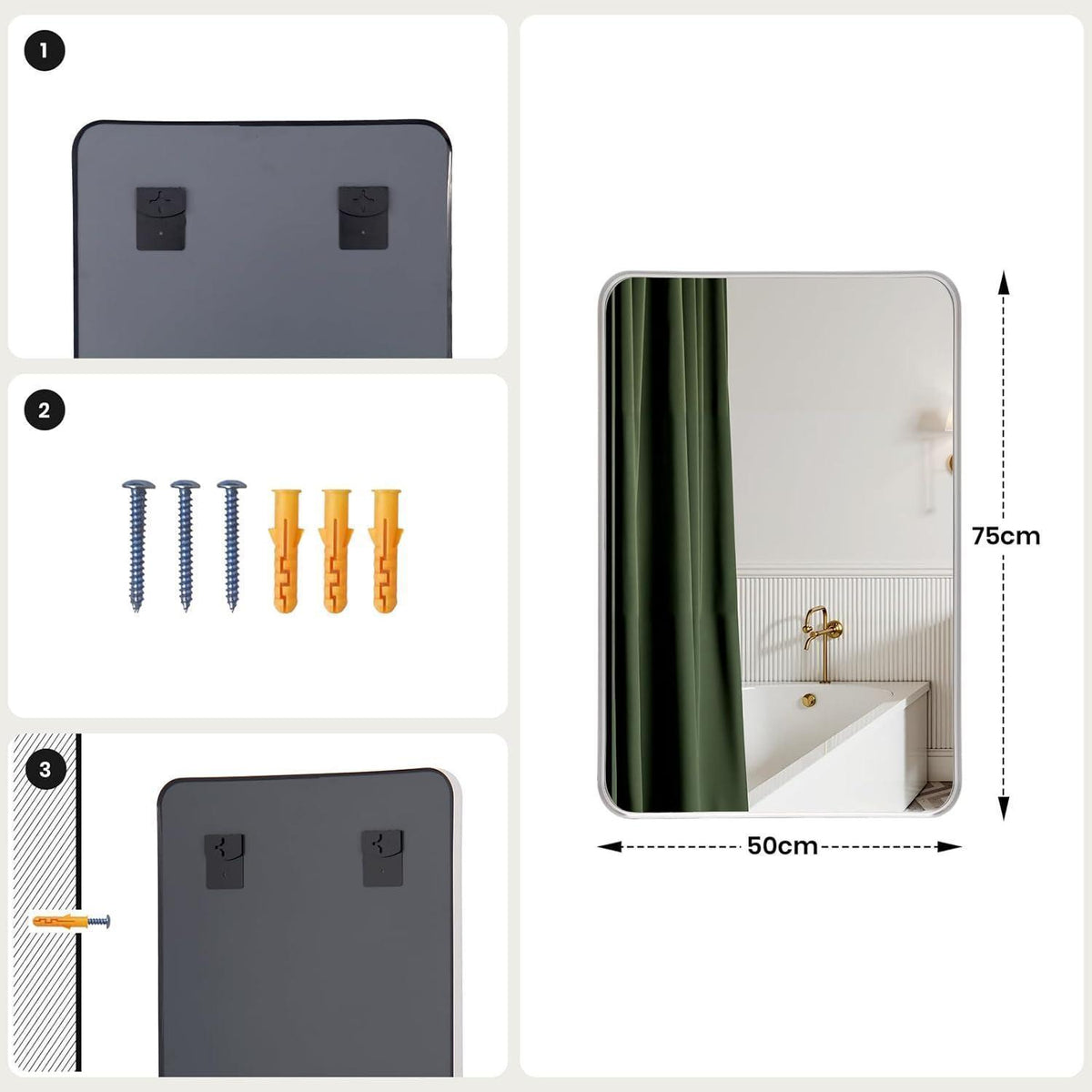 Wandspiegel 50x75 cm – Moderner Badezimmer Spiegel mit Silberrahmen