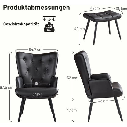 Ohrensessel mit Hocker, Schwarz – Bequemer Relaxsessel für Wohnzimmer
