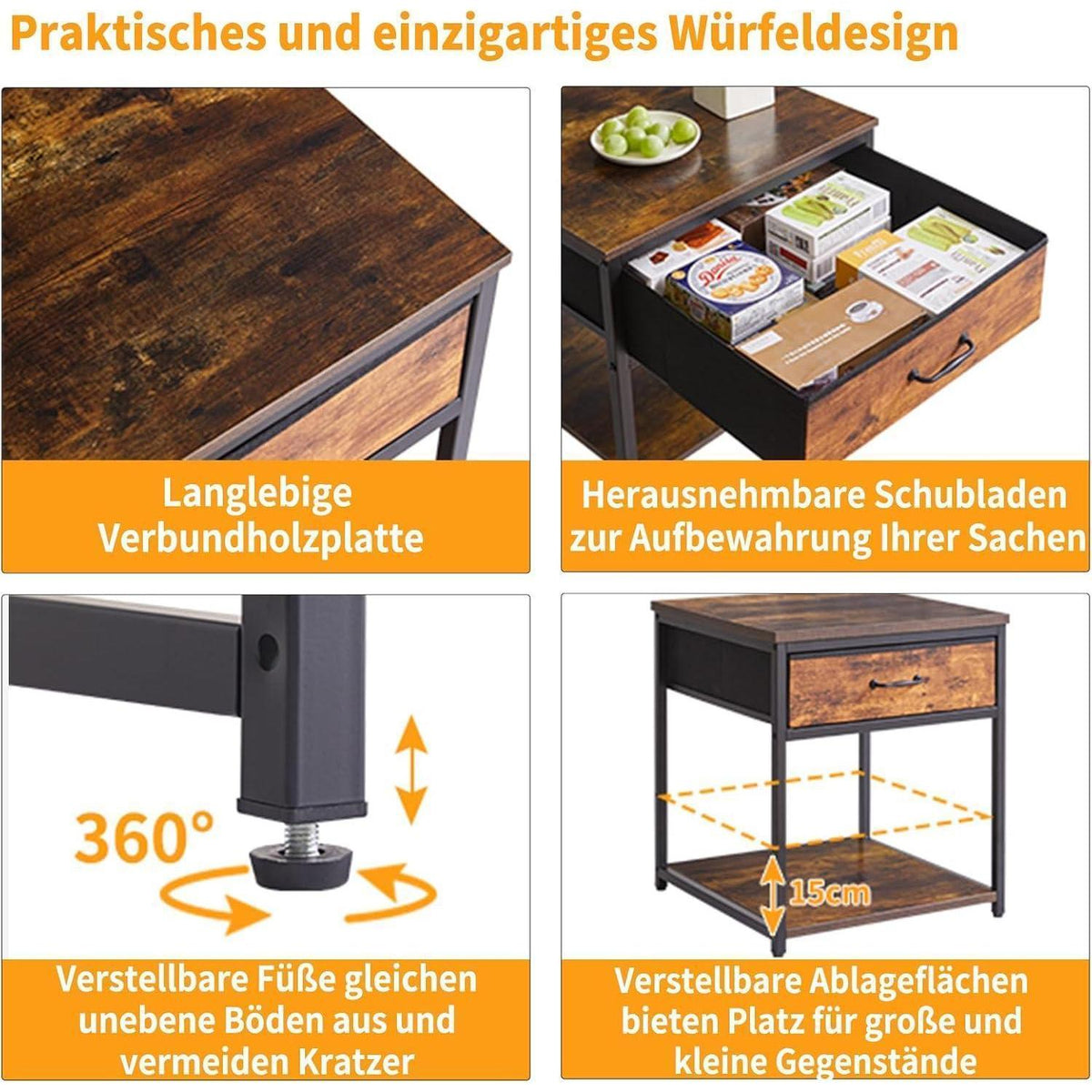 Verstellbarer Beistelltisch mit Schublade & Ablage – Rustikales Braun