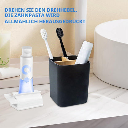 Bambus Zahnbürstenhalter mit 3 Fächern & Zahnpasta-Quetscher Schwarz