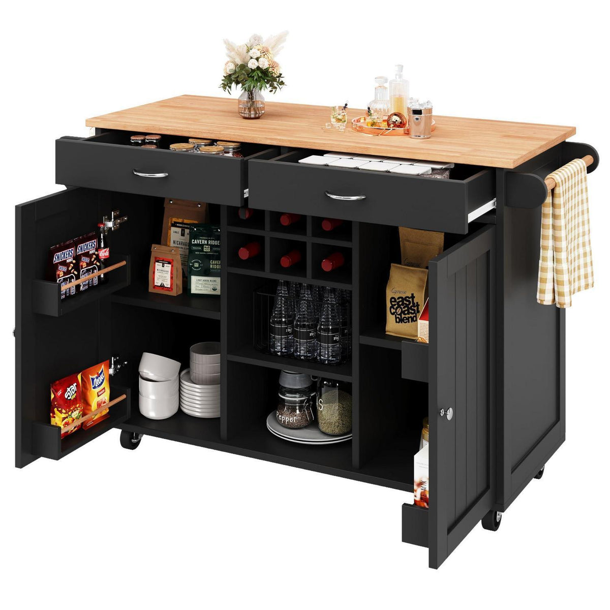 Kücheninsel mit Stauraum & Rollen – Schwarz 102x45x92cm