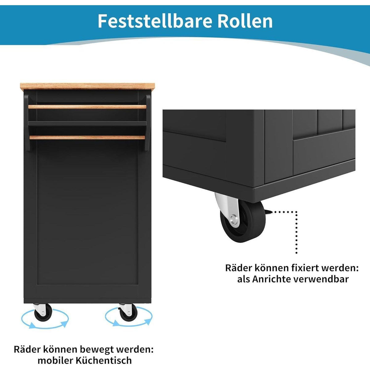 Kücheninsel mit Stauraum & Rollen – Schwarz 102x45x92cm
