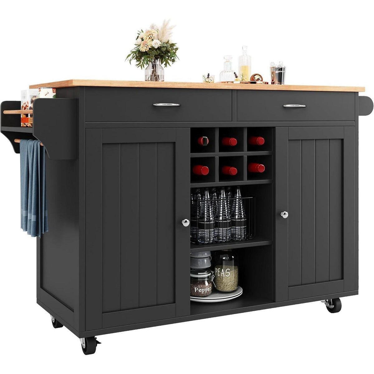 Kücheninsel mit Stauraum & Rollen – Schwarz 102x45x92cm