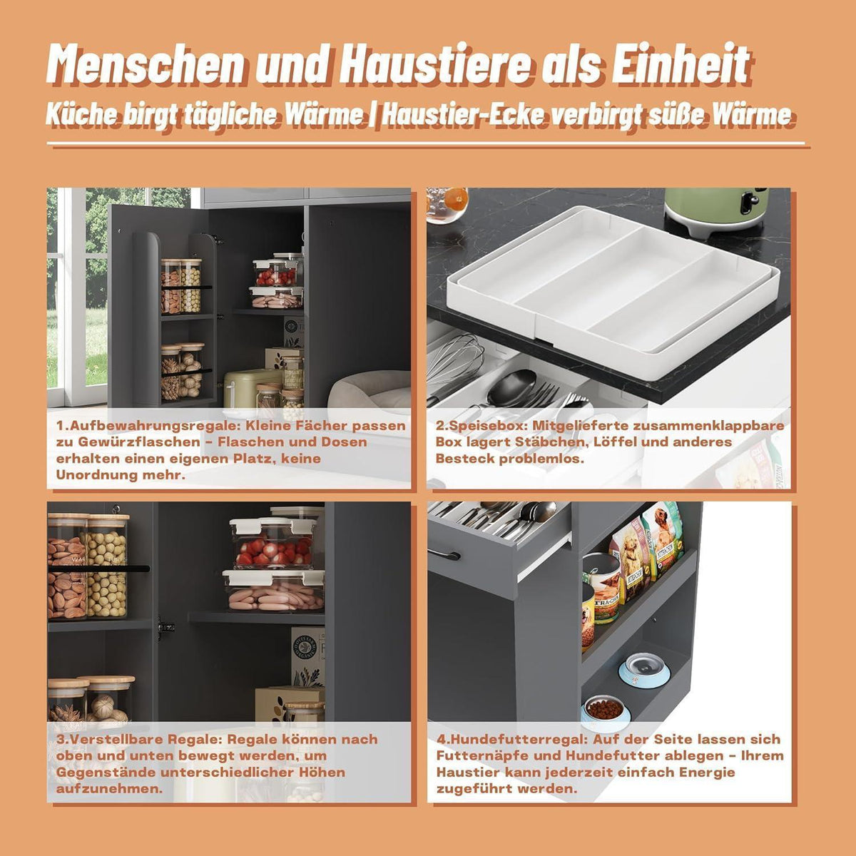 Graue Kücheninsel mit Stauraum & Haustierbereich