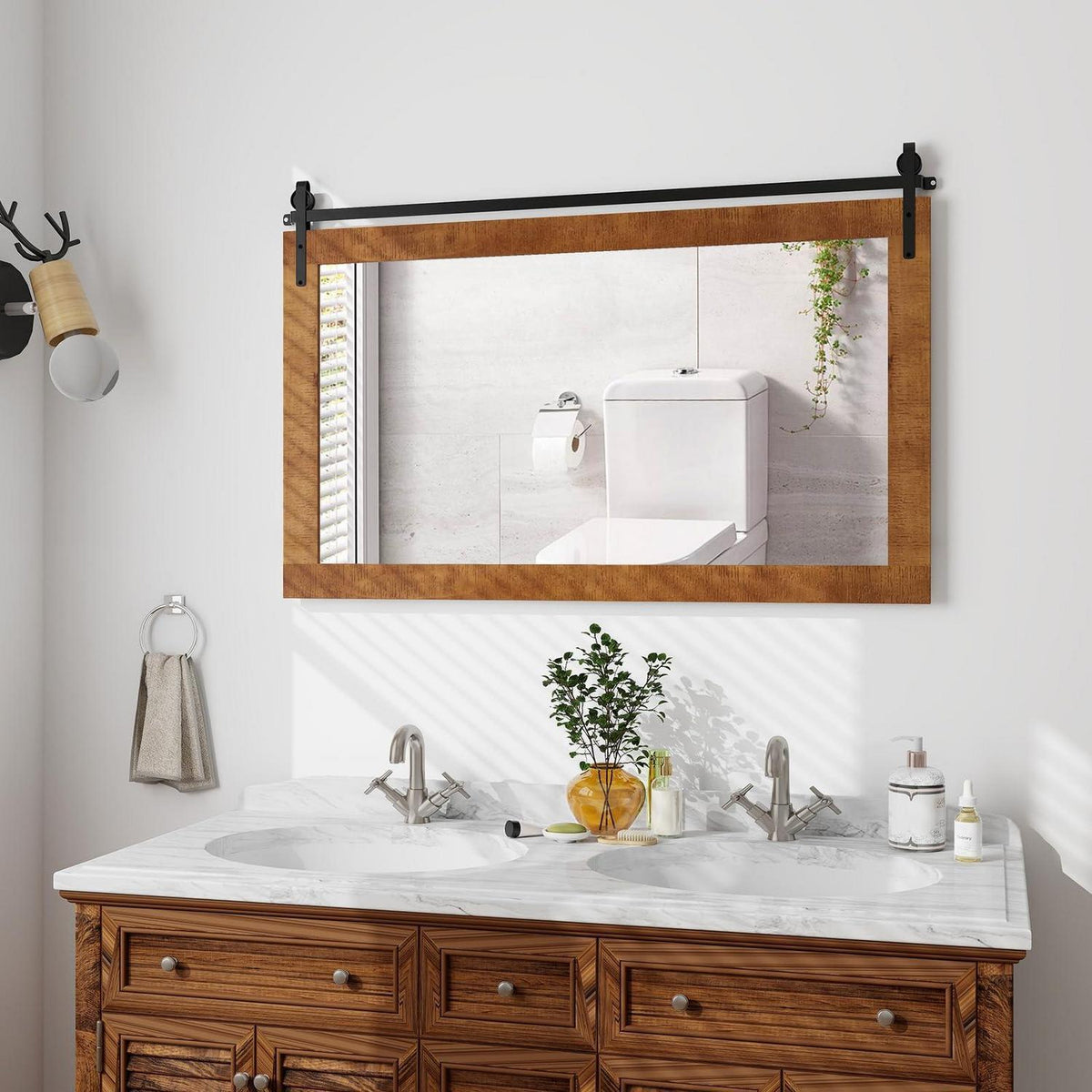 Rechteckiger Wandspiegel Holzrahmen 100x66cm – Rustikal & Dekorativ
