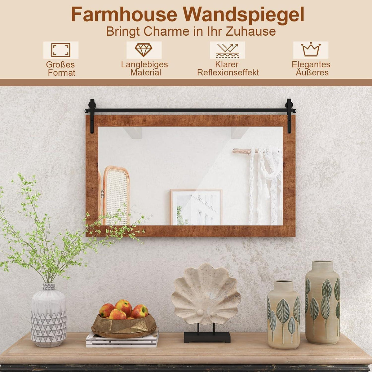 Rechteckiger Wandspiegel Holzrahmen 100x66cm – Rustikal & Dekorativ
