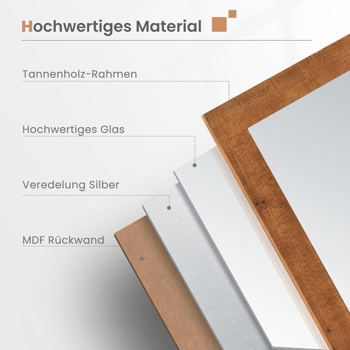 Rechteckiger Wandspiegel Holzrahmen 100x66cm – Rustikal & Dekorativ