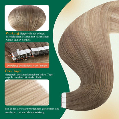 Echthaar Tape Extensions Braun Balayage Ombre 55cm