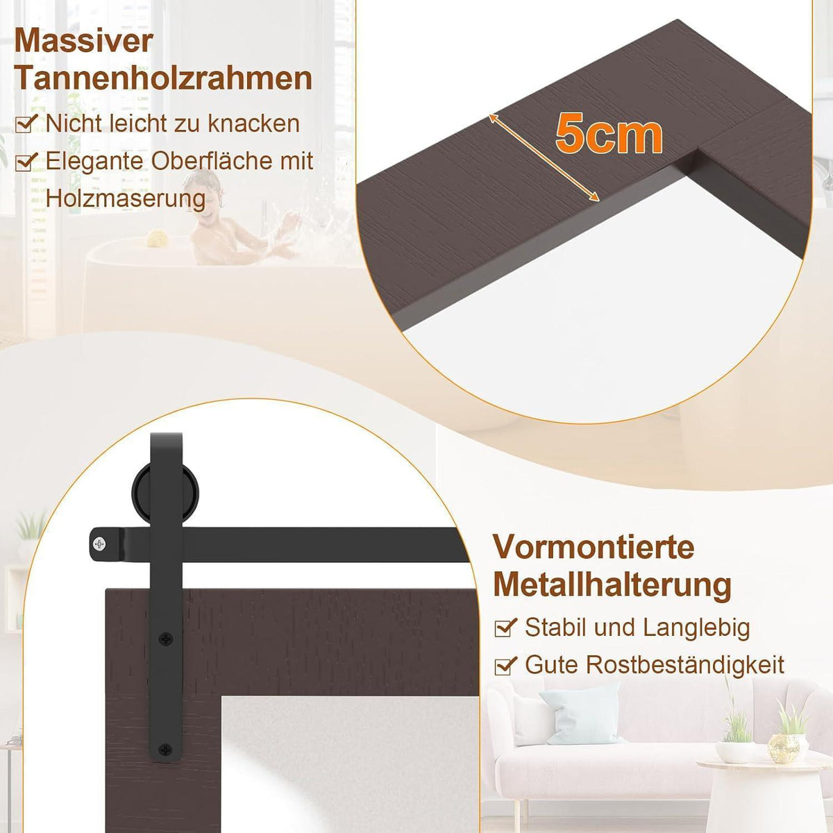 Rechteckiger Wandspiegel Holzrahmen 100x66 cm - Rustikal & Dekorativ