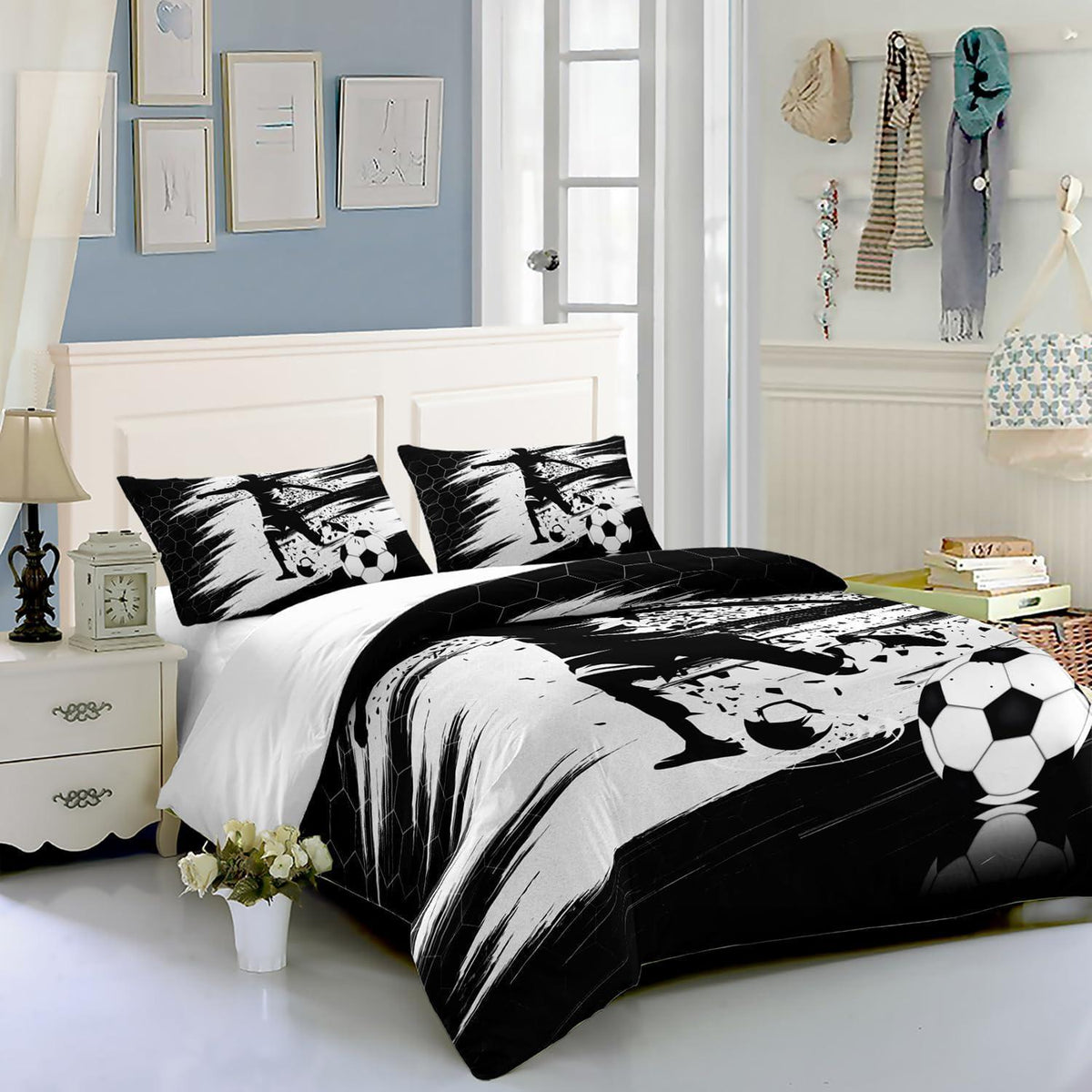 Fußball Bettwäsche Set Schwarz Weiß 200x200 cm
