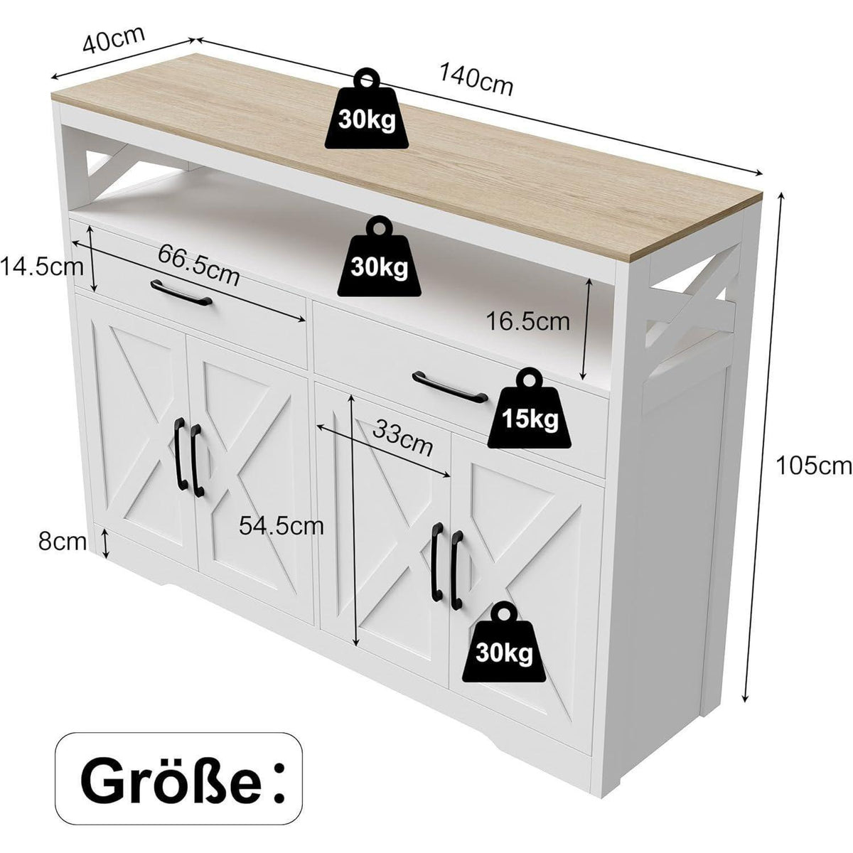 Weißes Sideboard mit 2 Schubladen & 4 Türen – Küchenschrank 140x40x105cm
