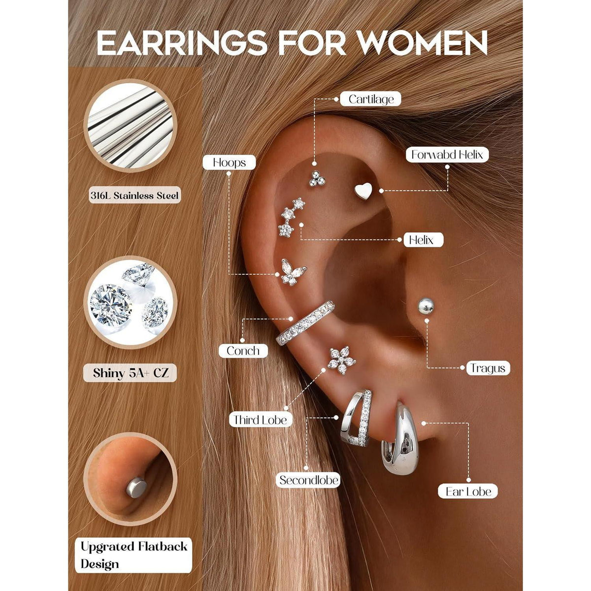 13 Paar Ohrringe Set Damen | Helix Piercings Silber Gold