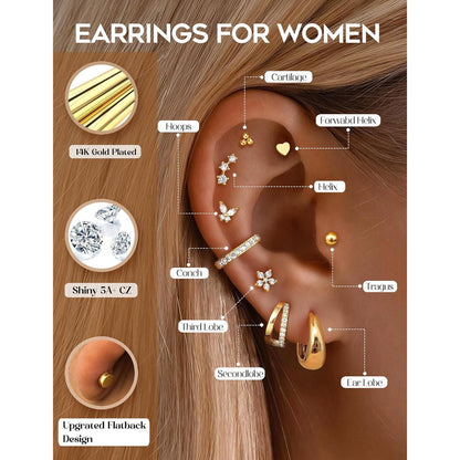 13 Paar Ohrringe Set Damen | Helix Piercings Gold Silber