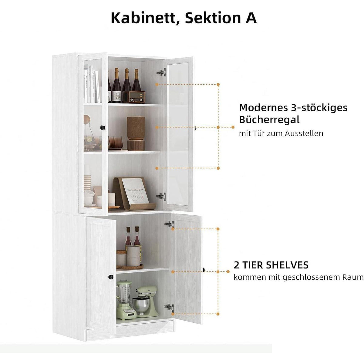 5-stöckiges Bücherregal mit Glastüren – Weißes Vitrinenschrank Möbel