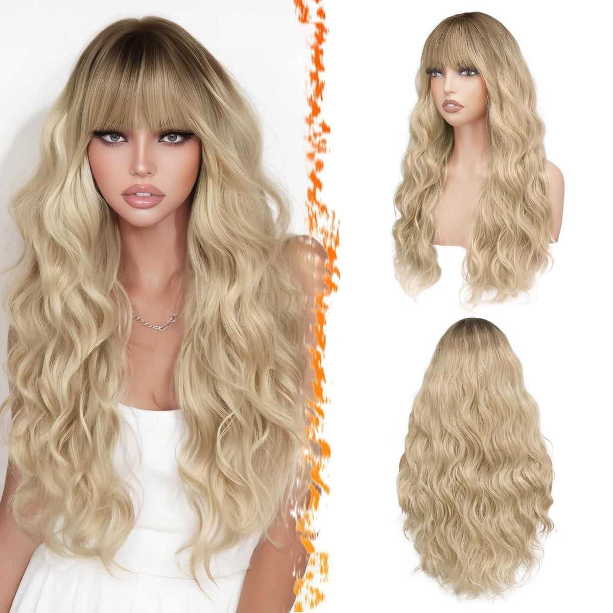 Lange Gewellte Ombre Blond Perücke mit Pony für Damen