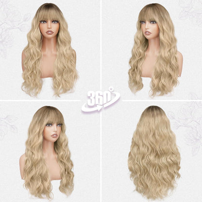 Lange Gewellte Ombre Blond Perücke mit Pony für Damen