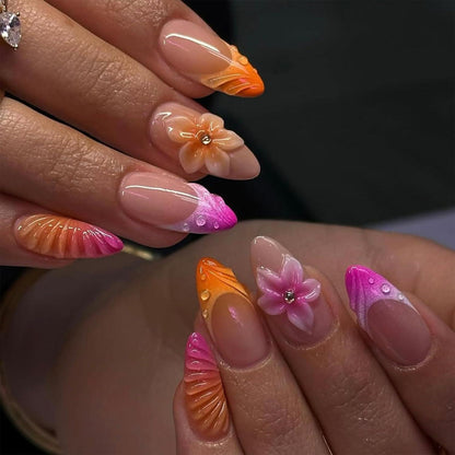 Press On Nägel Mandelform Bunte French Tips 3D Blumen Ocean Style