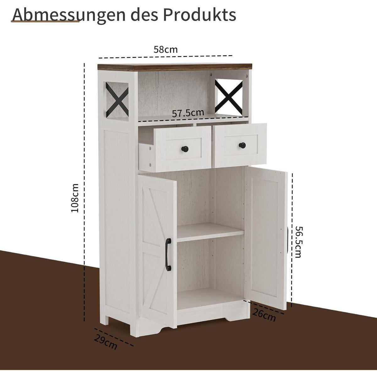 Weißes Sideboard mit Schubladen & Regal – Küchenschrank 58x29x108cm