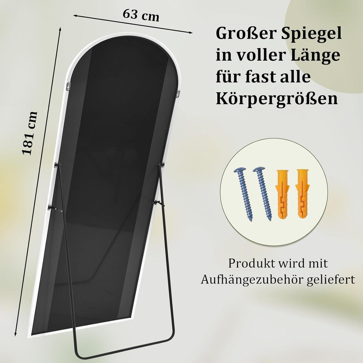 Großer Ganzkörperspiegel 180x67cm | Gewölbt, Stehend & Hängend