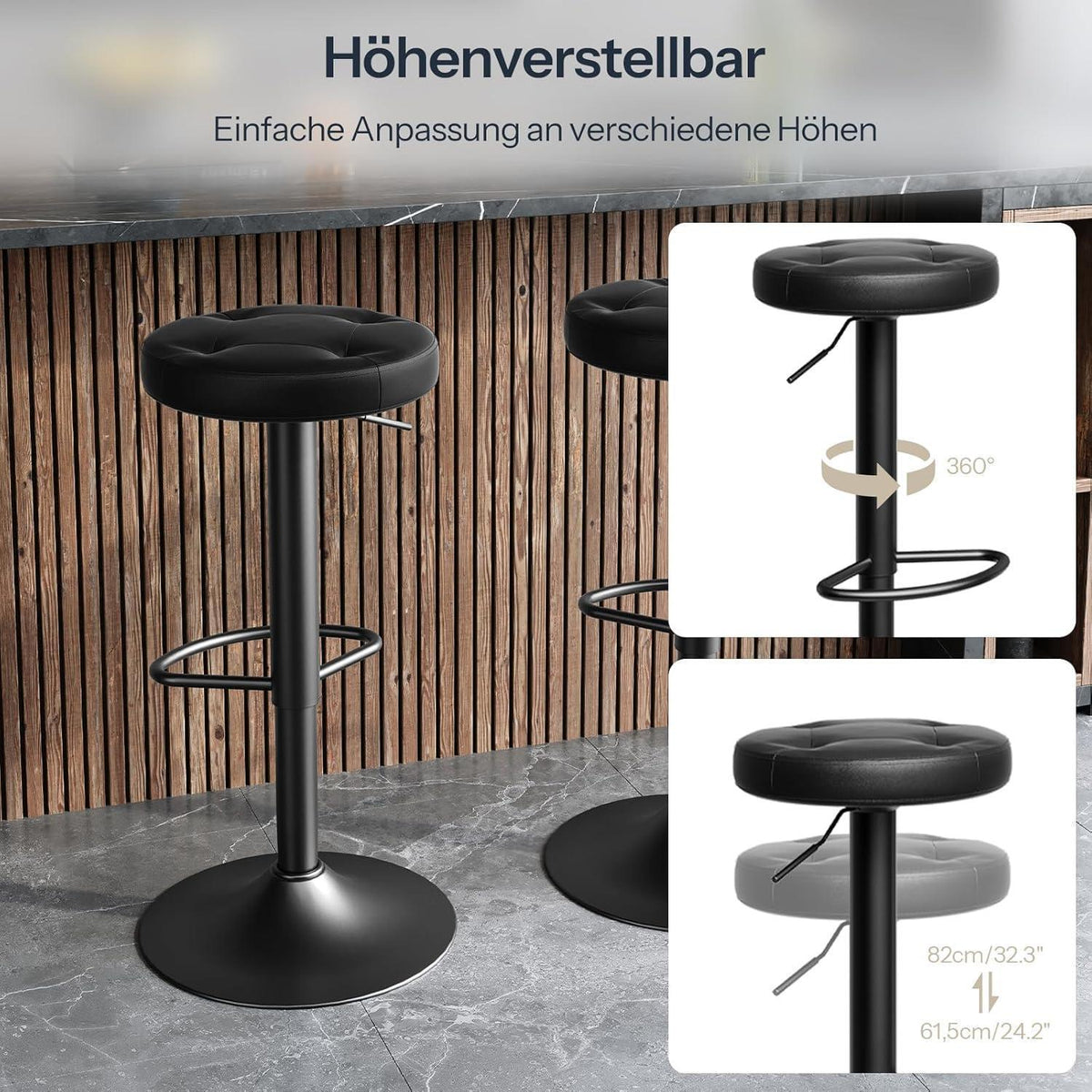Verstellbarer Barhocker 2er Set mit Fußstütze & PU-Bezug