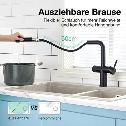 3-Wege Küchenarmatur mit Brause, Schwarz, Ausziehbar