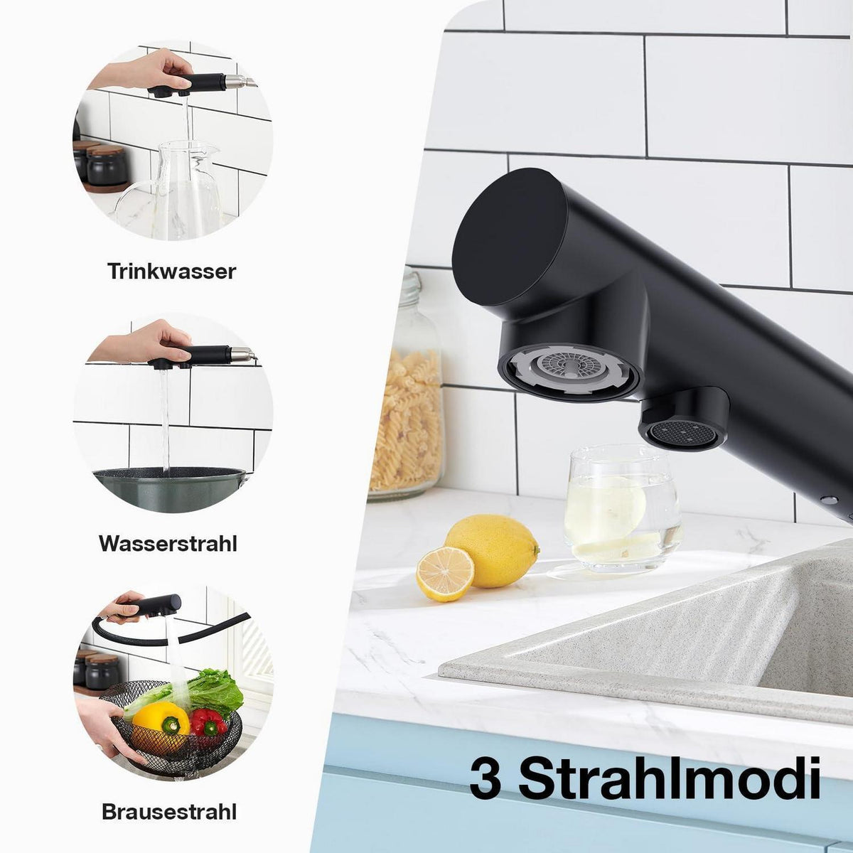 3-Wege Küchenarmatur mit Brause, Schwarz, Ausziehbar