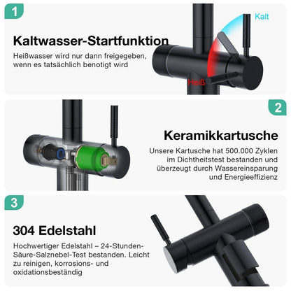 3-Wege Küchenarmatur mit Brause, Schwarz, Ausziehbar