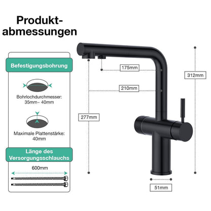 3-Wege Küchenarmatur mit Brause, Schwarz, Ausziehbar