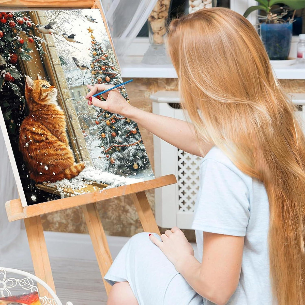 Weihnachtliche Katze Malen nach Zahlen für Erwachsene mit Rahmen