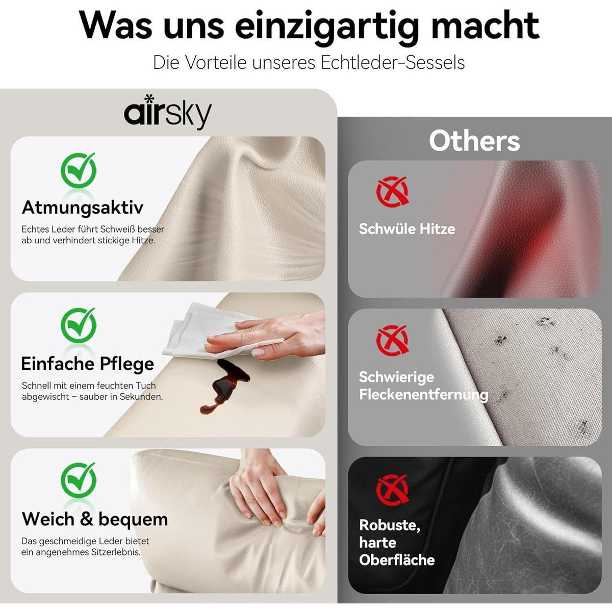 Echtleder Relaxsessel mit Liegefunktion – Komfortabler TV-Sessel Beige