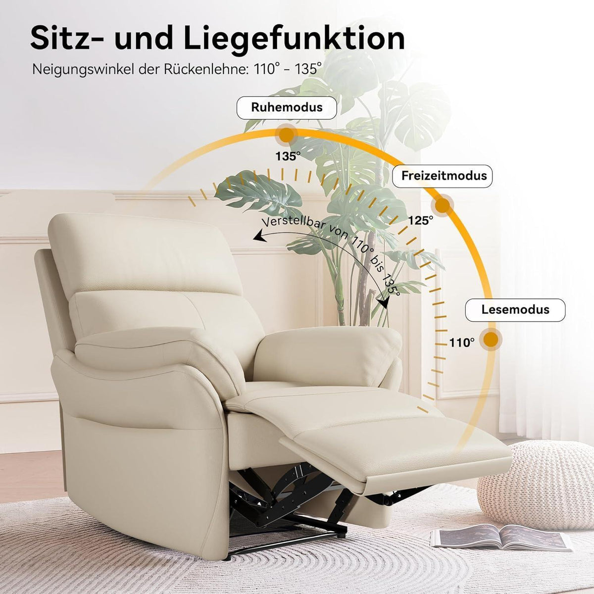 Echtleder Relaxsessel mit Liegefunktion – Komfortabler TV-Sessel Beige