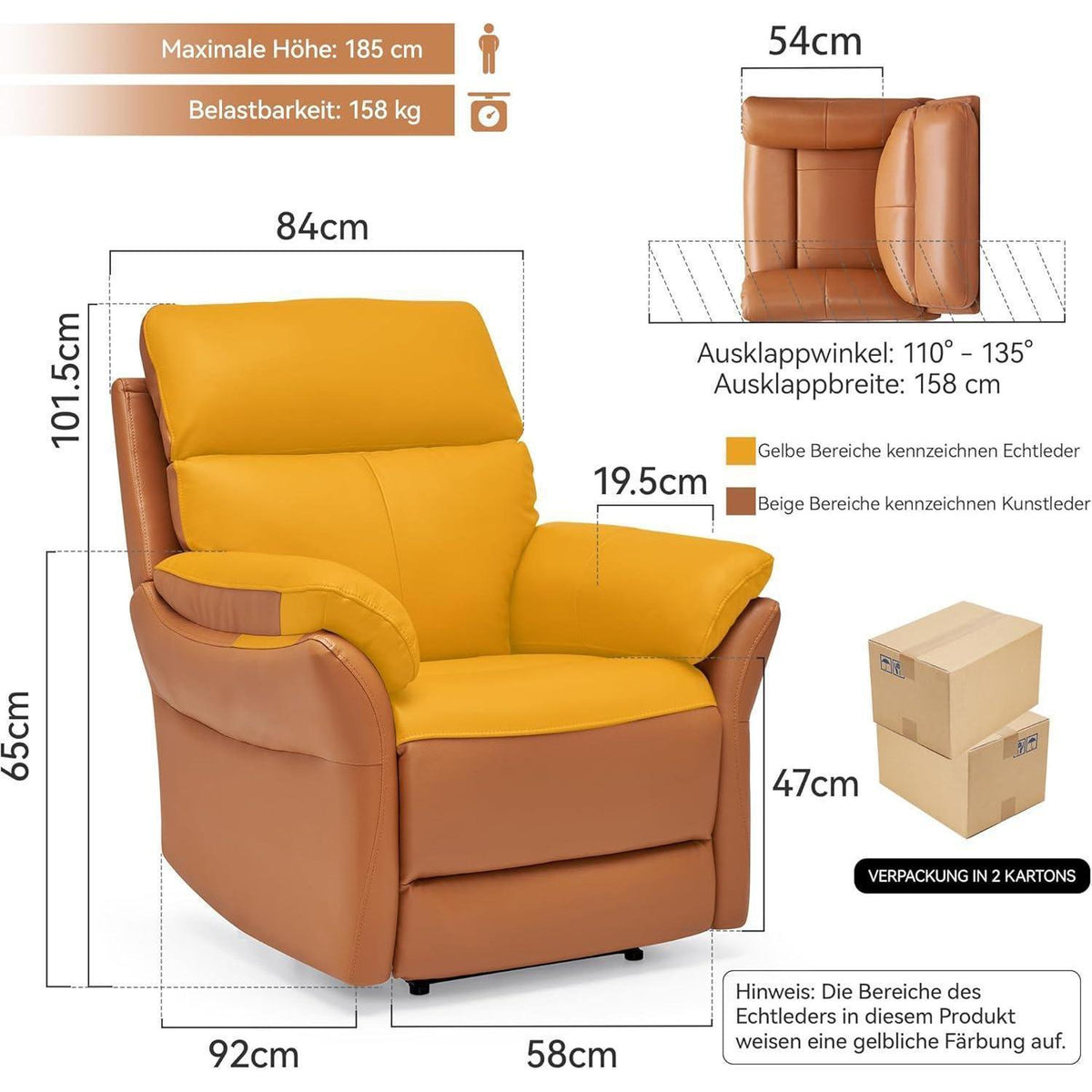 Echtleder Relaxsessel mit Liegefunktion – Komfortabler TV Sessel Orange