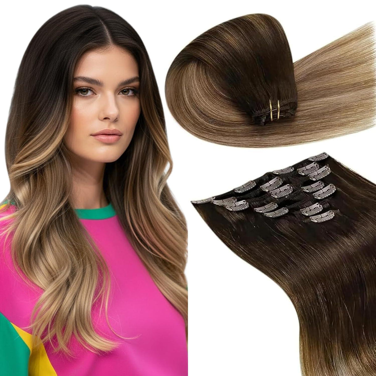Echthaar Clip-in Extensions Ombre Aschblond #2/6/18 55cm