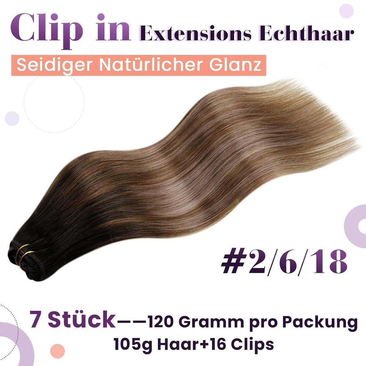 Echthaar Clip-in Extensions Ombre Aschblond #2/6/18 55cm