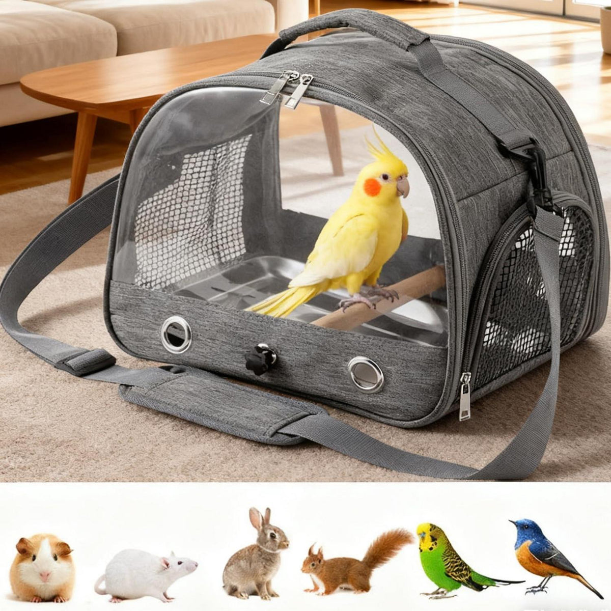 Vogel Transporttasche mit Stehstange & Tablett (Grau)