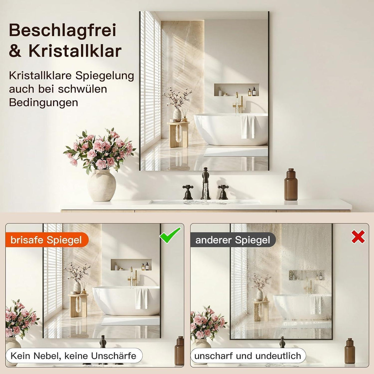 Badezimmerspiegel 60x80 cm Schwarz – Anti-Beschlag & Rostfrei