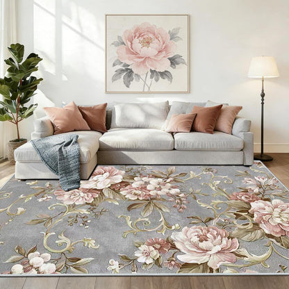 Waschbarer Kurzflor Teppich Vintage Blumen Grau-Rosa 140x210 cm