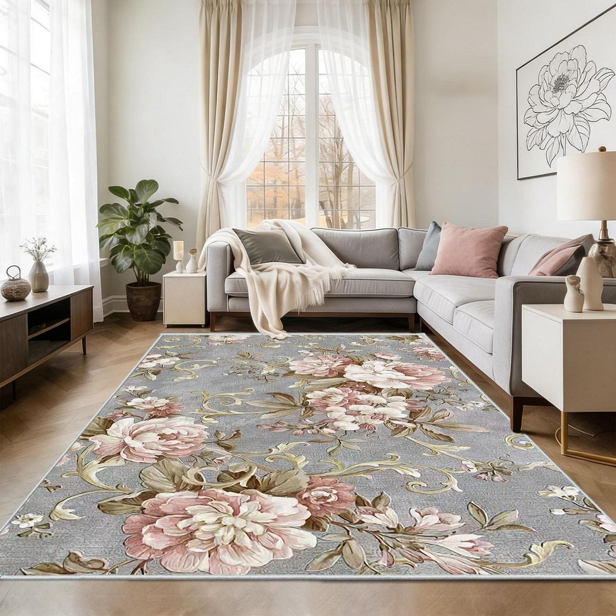 Waschbarer Kurzflor Teppich Vintage Blumen Grau-Rosa 140x210 cm