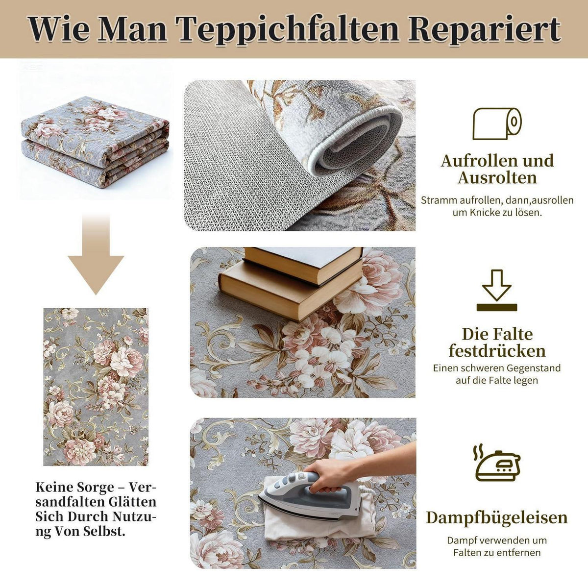 Waschbarer Boho Teppich Rosa Blumen 120x180cm