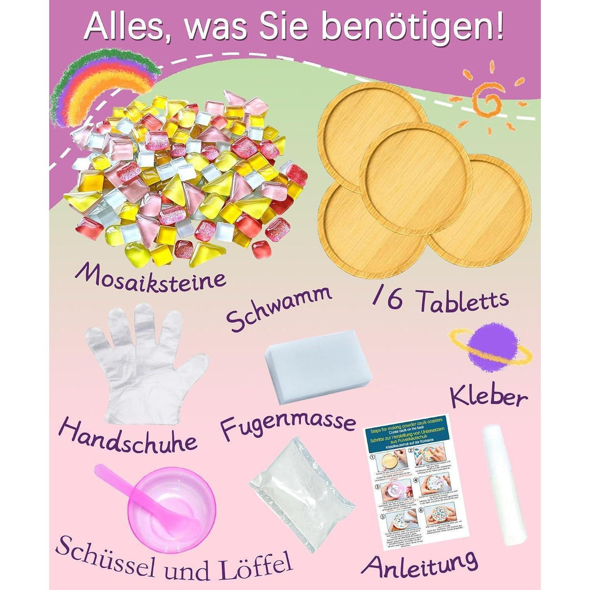 Mosaik Bastelset Kinder – 16pcs Untersetzer DIY Set