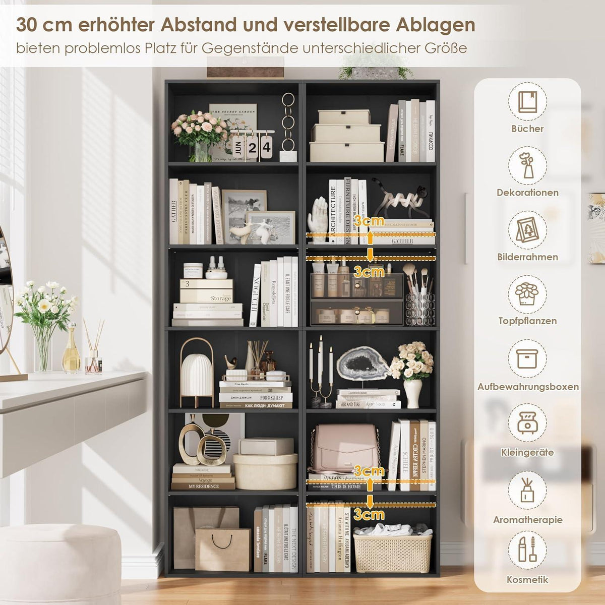 6-Fächers Bücherregal schwarz – Modernes Standregal für Wohnzimmer