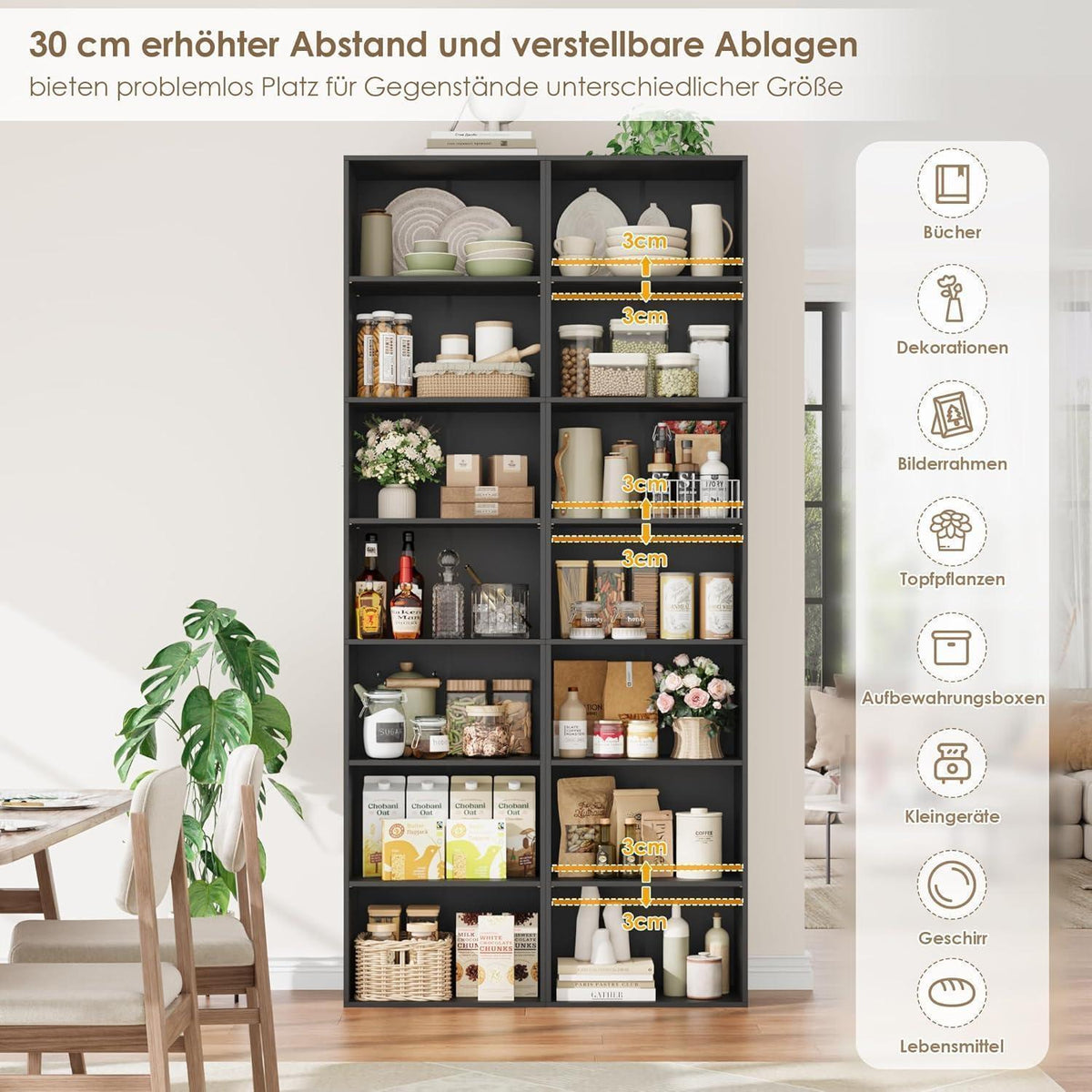 7-Fächiges Bücherregal Schwarz – Modernes Standregal 220cm